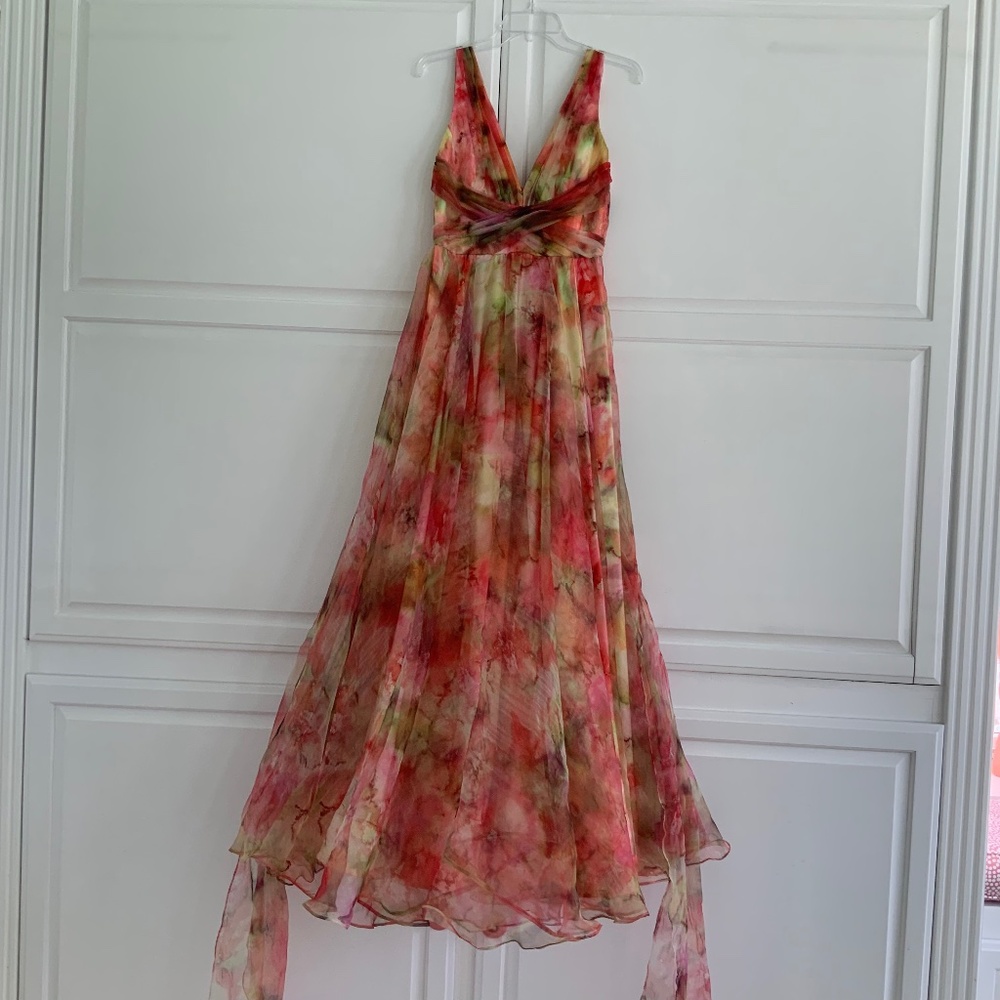 Theia Couture long gown, size 4, fuschia, yellow green